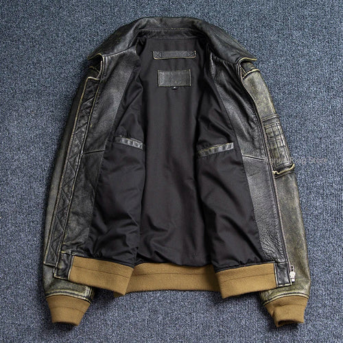 Bomber 45P Genuine Leather Jacket.Vintage Plus Size Real Cowhide Coat.Mens Classic Oversize Leather Cloth