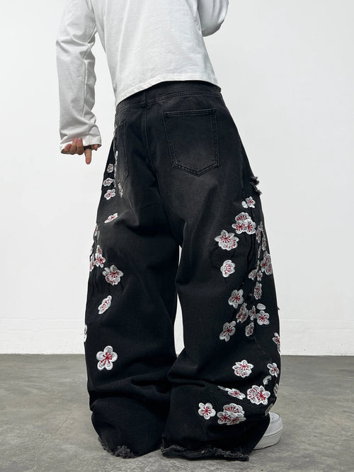 American Retro Floral Embroidery Ripped Design Black Men's Loose Jeans Washed Y2K Street Style Versatile Pants