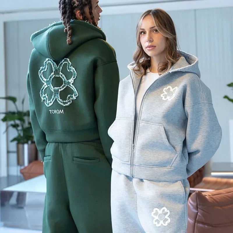 Spring Autumn Oversized 4 Leaf Clover Applique Zip Up Hoodie Tracksuit Set Men Y2K Streetwear Fleece Sweatpants 2 Piece Outfits