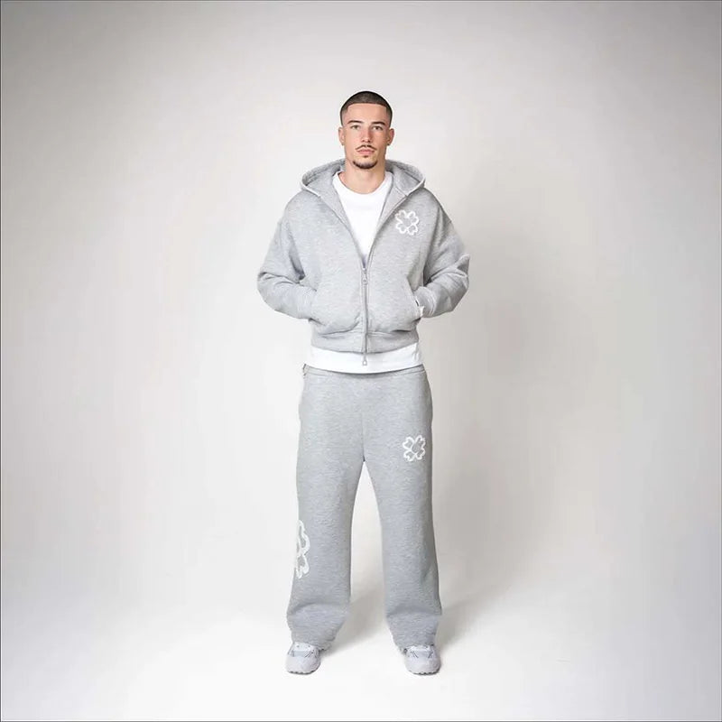 Spring Autumn Oversized 4 Leaf Clover Applique Zip Up Hoodie Tracksuit Set Men Y2K Streetwear Fleece Sweatpants 2 Piece Outfits