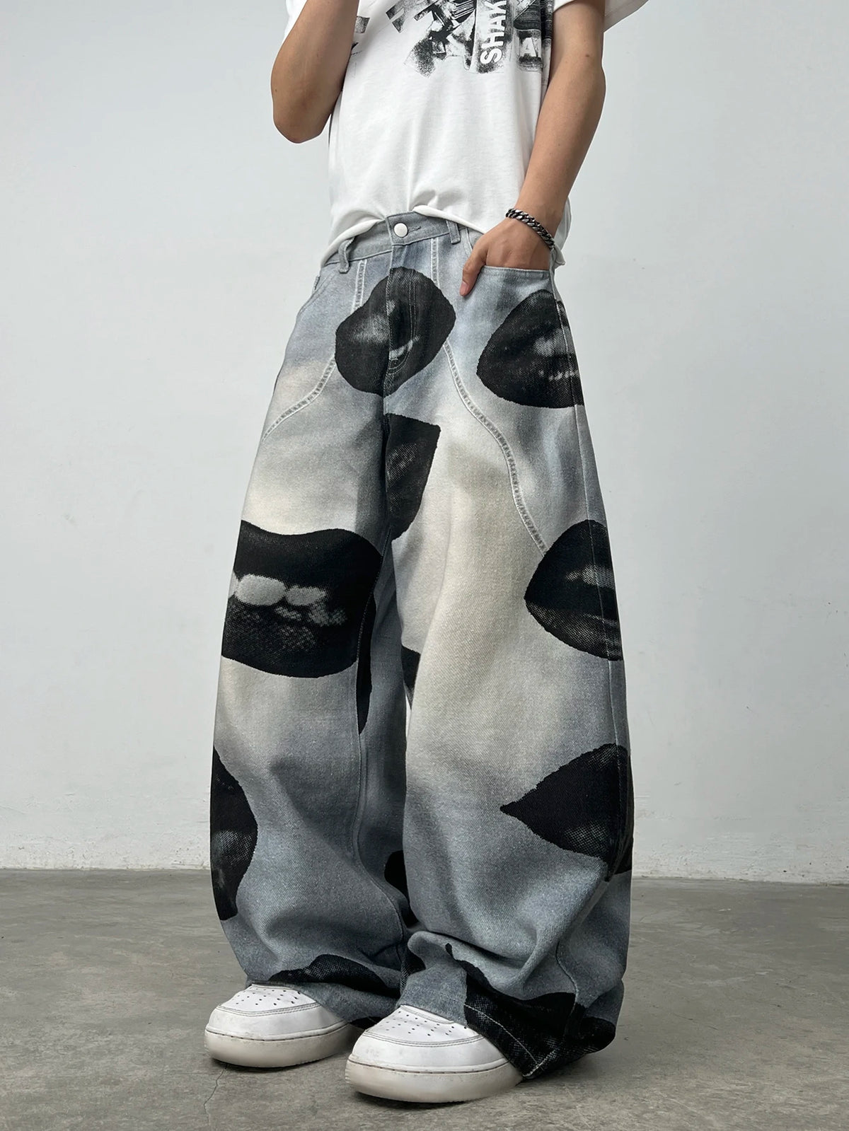 American High Street Lip Print Design Men's Loose Wide-Leg Jeans Y2K Street Hip-Hop Gothic Skateboard Style Trendy Fashion Pants