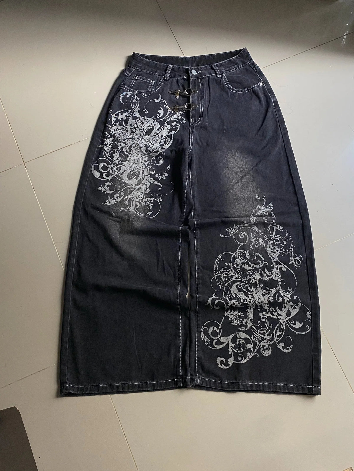 Y2K Hip-hop Jeans Vintage Straight Leg Denim Pants Streetwear Graffiti Print Casual Wide Leg Trousers Baggy Daily Wear Jeans