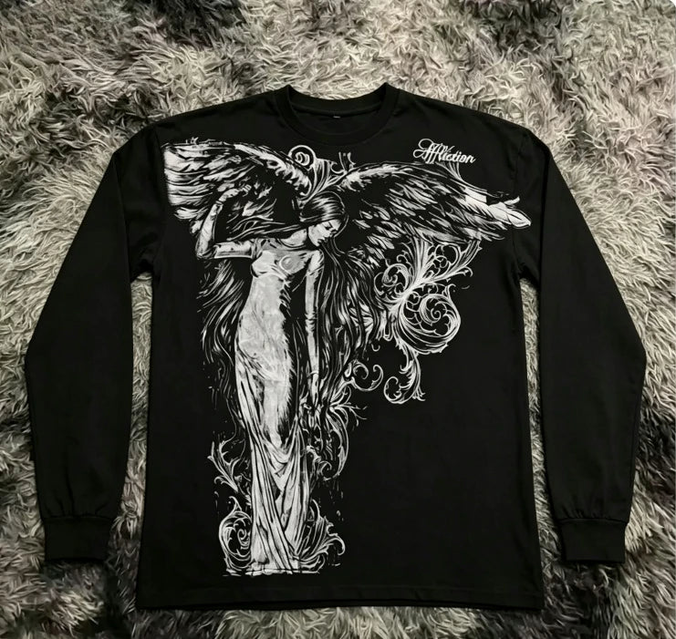 Gothic wing pattern long sleeved T-shirt polyester fiber round neck loose T-shirt street wear casual top unisex