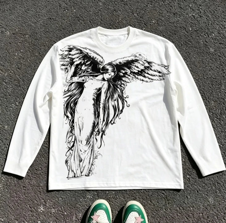 Gothic wing pattern long sleeved T-shirt polyester fiber round neck loose T-shirt street wear casual top unisex