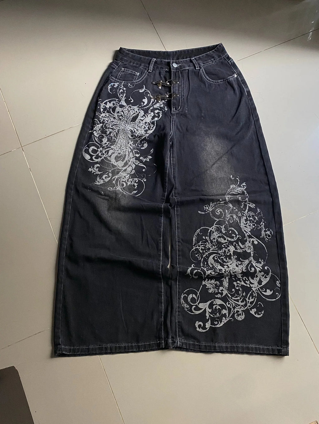 Y2K Hip-hop Jeans Vintage Straight Leg Denim Pants Streetwear Graffiti Print Casual Wide Leg Trousers Baggy Daily Wear Jeans