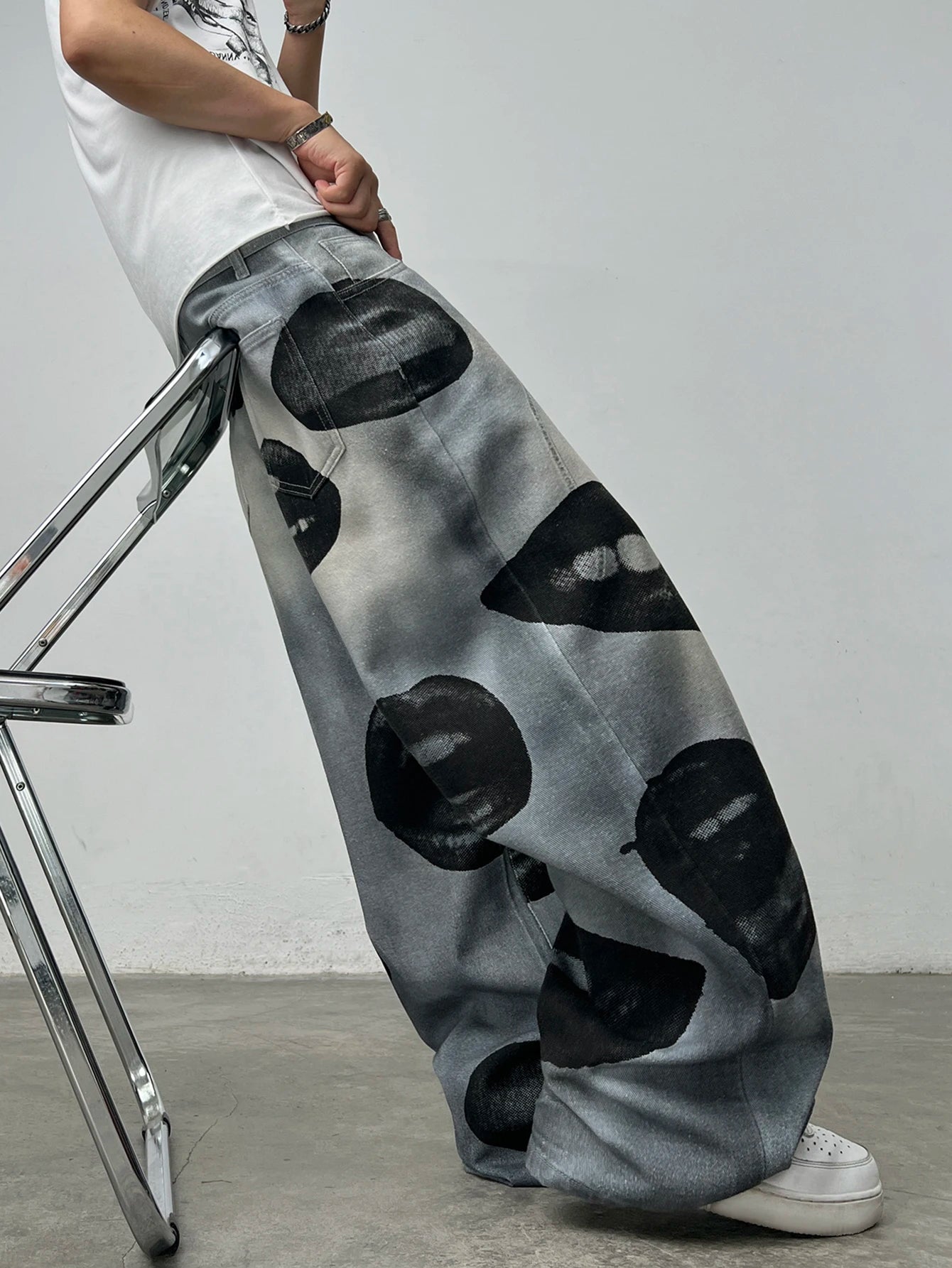 American High Street Lip Print Design Men's Loose Wide-Leg Jeans Y2K Street Hip-Hop Gothic Skateboard Style Trendy Fashion Pants