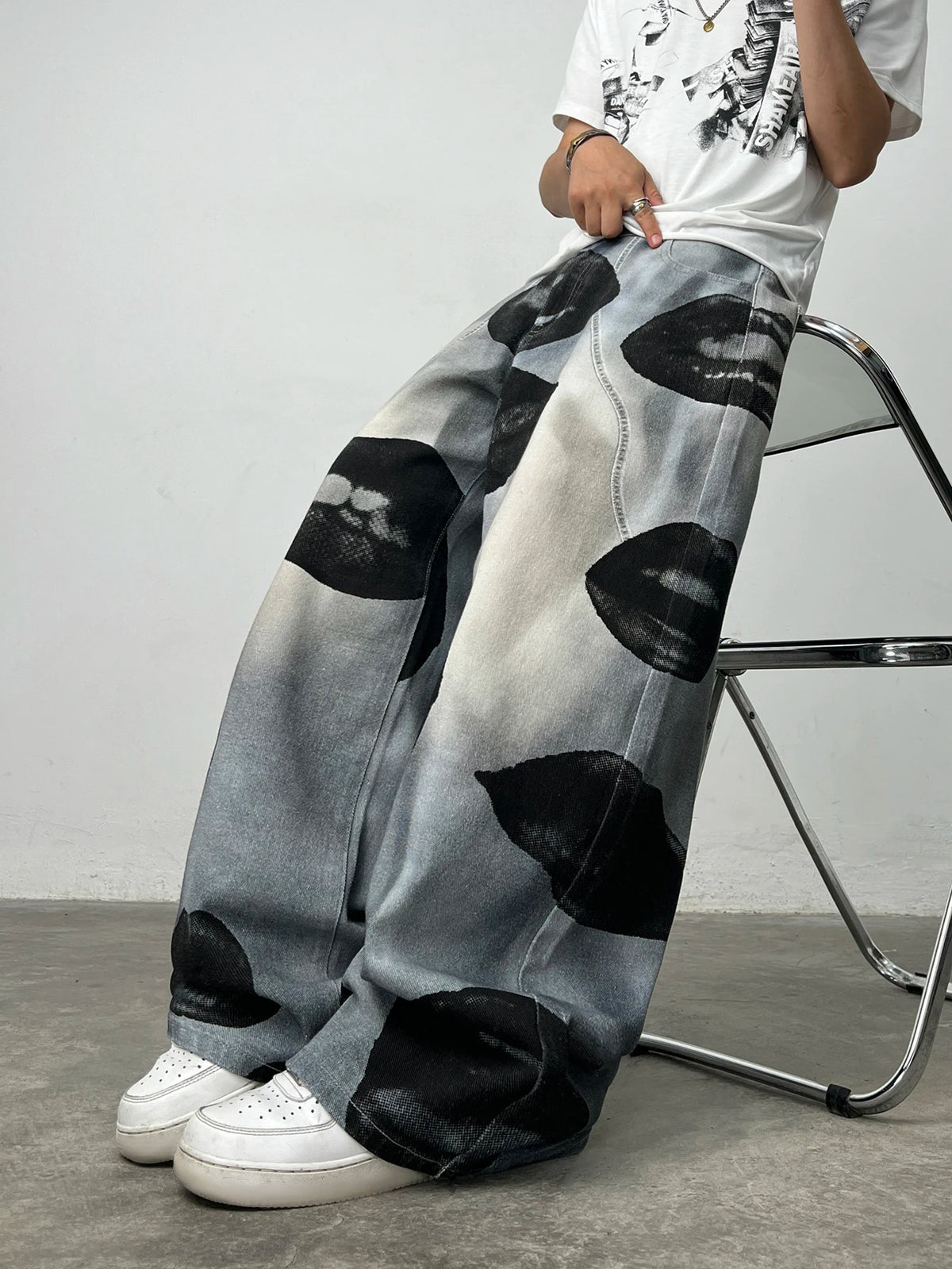 American High Street Lip Print Design Men's Loose Wide-Leg Jeans Y2K Street Hip-Hop Gothic Skateboard Style Trendy Fashion Pants
