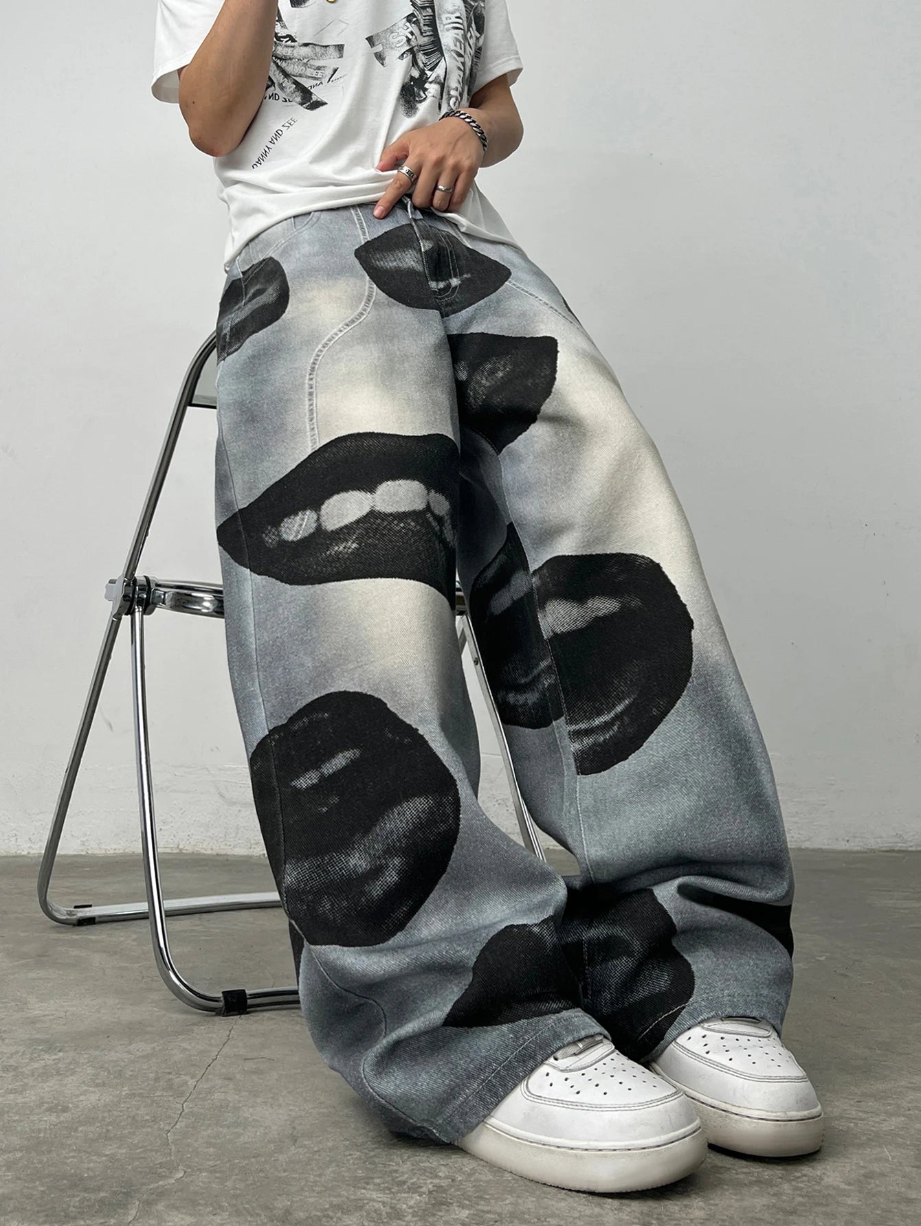 American High Street Lip Print Design Men's Loose Wide-Leg Jeans Y2K Street Hip-Hop Gothic Skateboard Style Trendy Fashion Pants