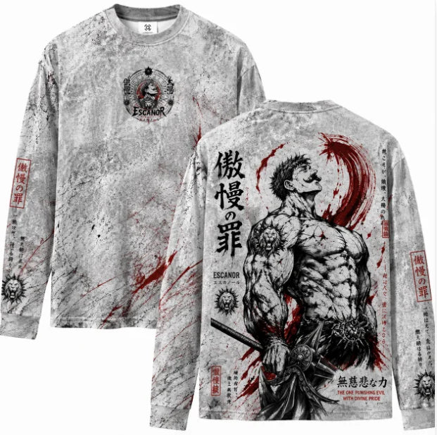 Dark Retro Anime Style Full Print Long Sleeve T‑Shirt Men Marble Crack Texture Graphic Pullover Streetwear Long‑Sleeve Tee