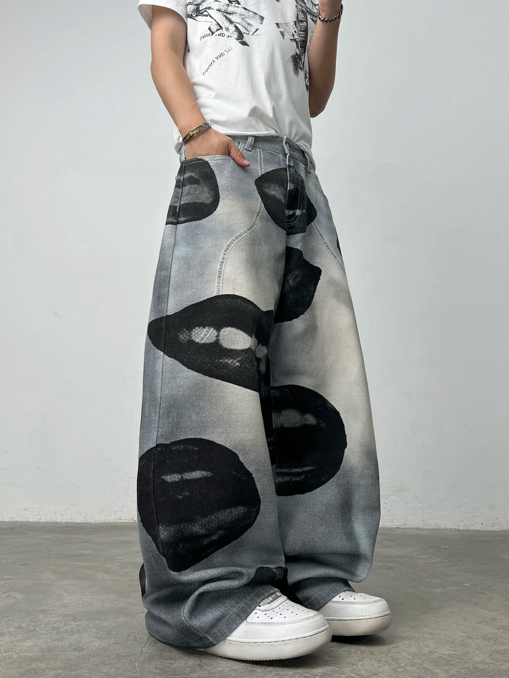 American High Street Lip Print Design Men's Loose Wide-Leg Jeans Y2K Street Hip-Hop Gothic Skateboard Style Trendy Fashion Pants