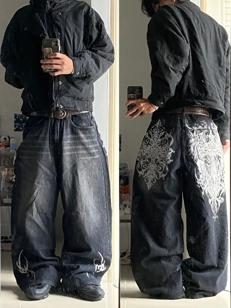 Y2K Hip-hop Jeans Vintage Straight Leg Denim Pants Streetwear Graffiti Print Casual Wide Leg Trousers Baggy Daily Wear Jeans