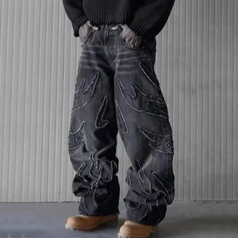 Men Baggy Aesthetic Streetwear Jeans Male Retro Fashion Wide Leg Denim Pants Graphic Embroidered Designer Hip Pop Denim Trousers