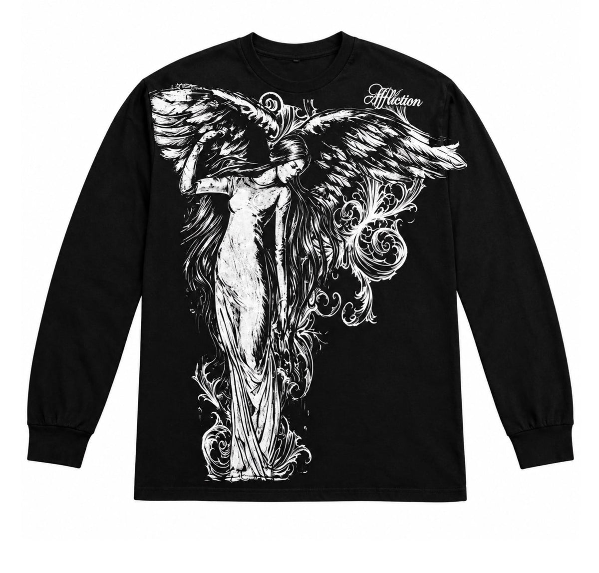 Gothic wing pattern long sleeved T-shirt polyester fiber round neck loose T-shirt street wear casual top unisex