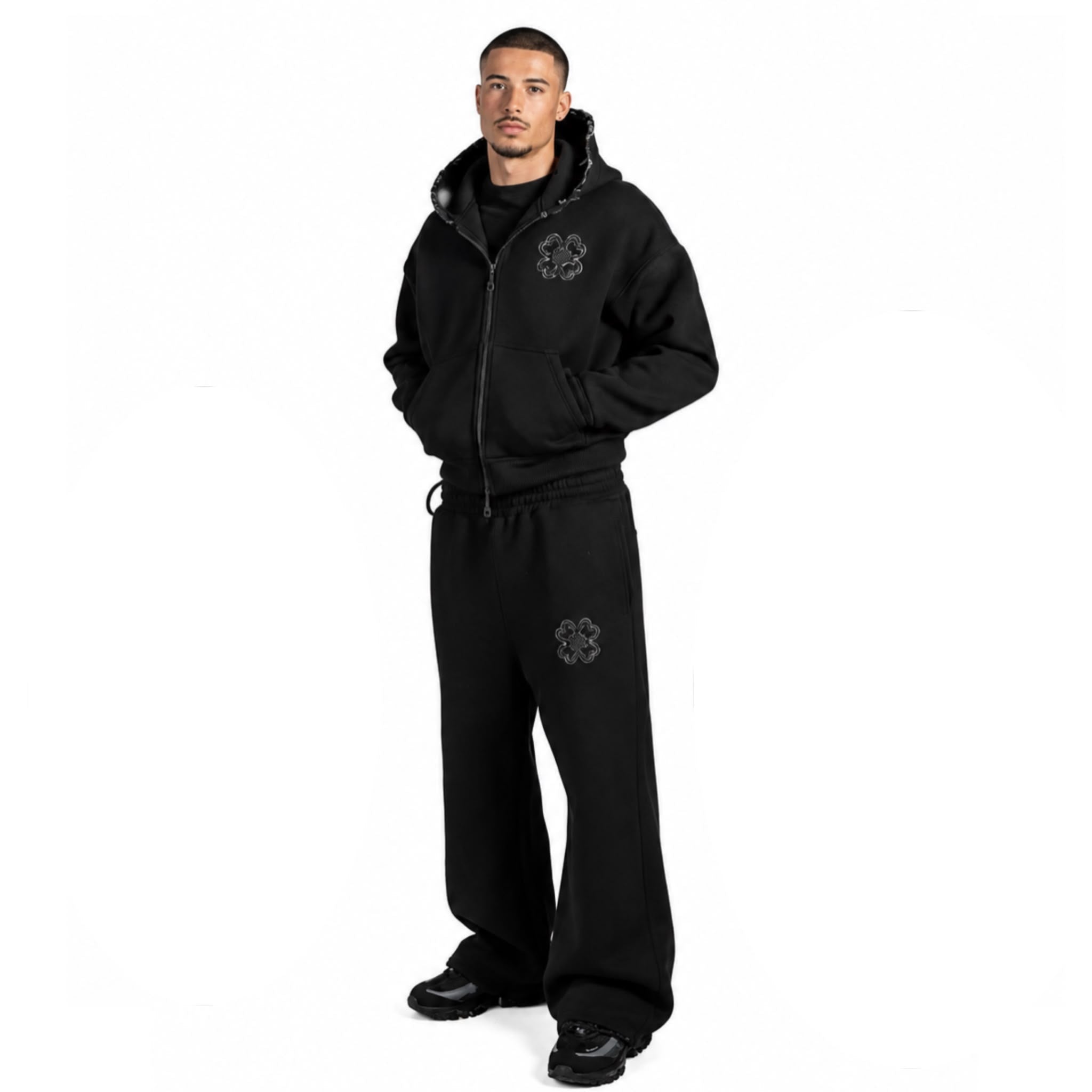 Spring Autumn Oversized 4 Leaf Clover Applique Zip Up Hoodie Tracksuit Set Men Y2K Streetwear Fleece Sweatpants 2 Piece Outfits