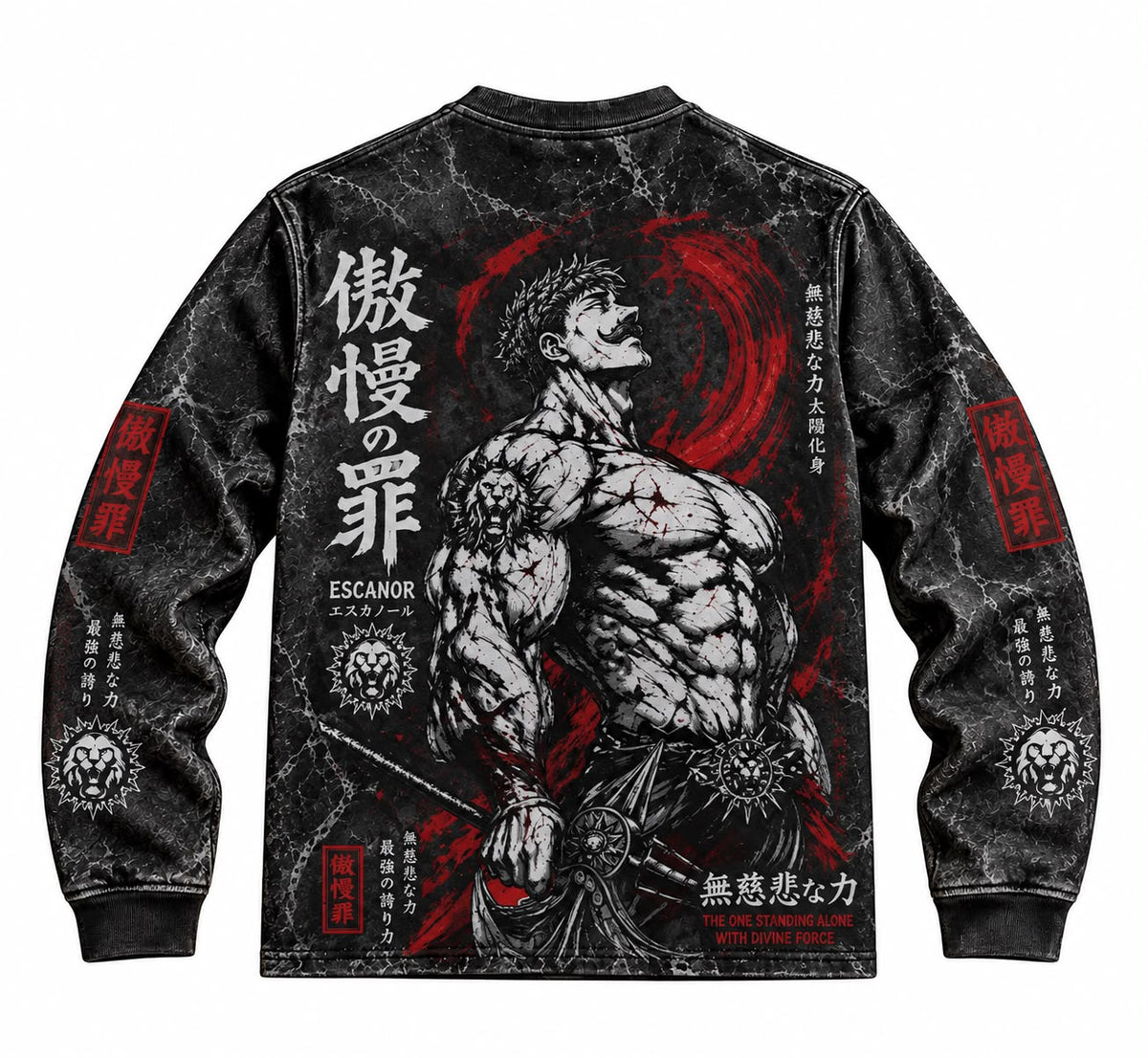Dark Retro Anime Style Full Print Long Sleeve T‑Shirt Men Marble Crack Texture Graphic Pullover Streetwear Long‑Sleeve Tee