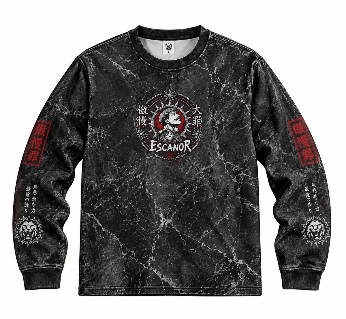 Dark Retro Anime Style Full Print Long Sleeve T‑Shirt Men Marble Crack Texture Graphic Pullover Streetwear Long‑Sleeve Tee