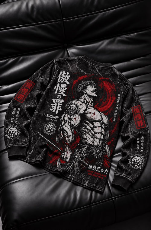 Dark Retro Anime Style Full Print Long Sleeve T‑Shirt Men Marble Crack Texture Graphic Pullover Streetwear Long‑Sleeve Tee