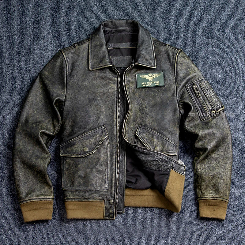 Bomber 45P Genuine Leather Jacket.Vintage Plus Size Real Cowhide Coat.Mens Classic Oversize Leather Cloth