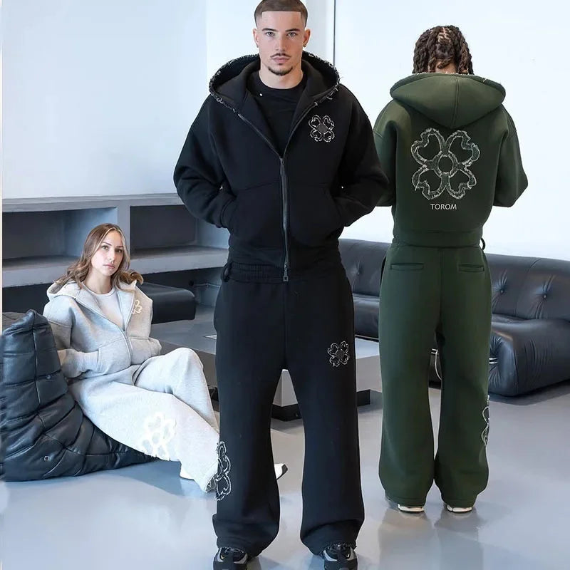 Spring Autumn Oversized 4 Leaf Clover Applique Zip Up Hoodie Tracksuit Set Men Y2K Streetwear Fleece Sweatpants 2 Piece Outfits