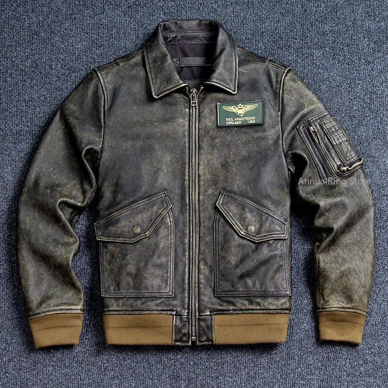 Bomber 45P Genuine Leather Jacket.Vintage Plus Size Real Cowhide Coat.Mens Classic Oversize Leather Cloth
