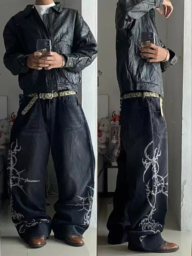 Y2K Hip-hop Jeans Vintage Straight Leg Denim Pants Streetwear Graffiti Print Casual Wide Leg Trousers Baggy Daily Wear Jeans