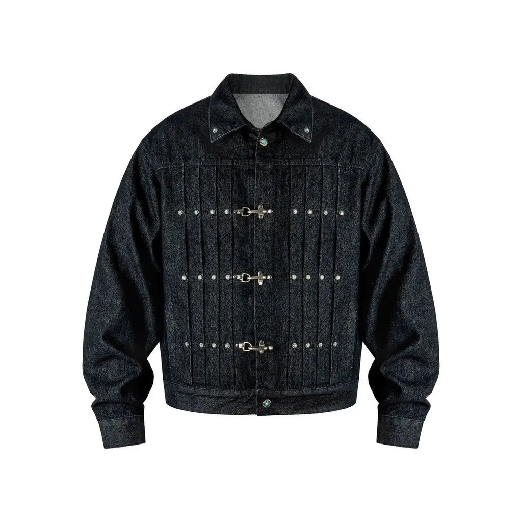 Men's Vintage Denim Jacket Short Cargo Style with Pleated & Aircraft - Buckle Design Streetwear American Retro Cowboy Jacket