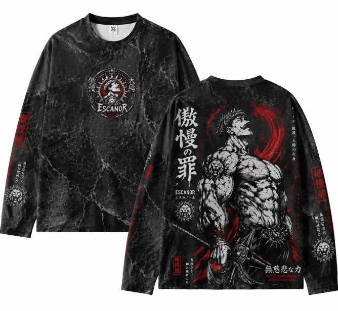 Dark Retro Anime Style Full Print Long Sleeve T‑Shirt Men Marble Crack Texture Graphic Pullover Streetwear Long‑Sleeve Tee