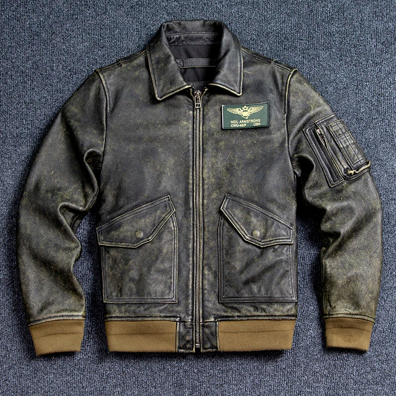 Bomber 45P Genuine Leather Jacket.Vintage Plus Size Real Cowhide Coat.Mens Classic Oversize Leather Cloth