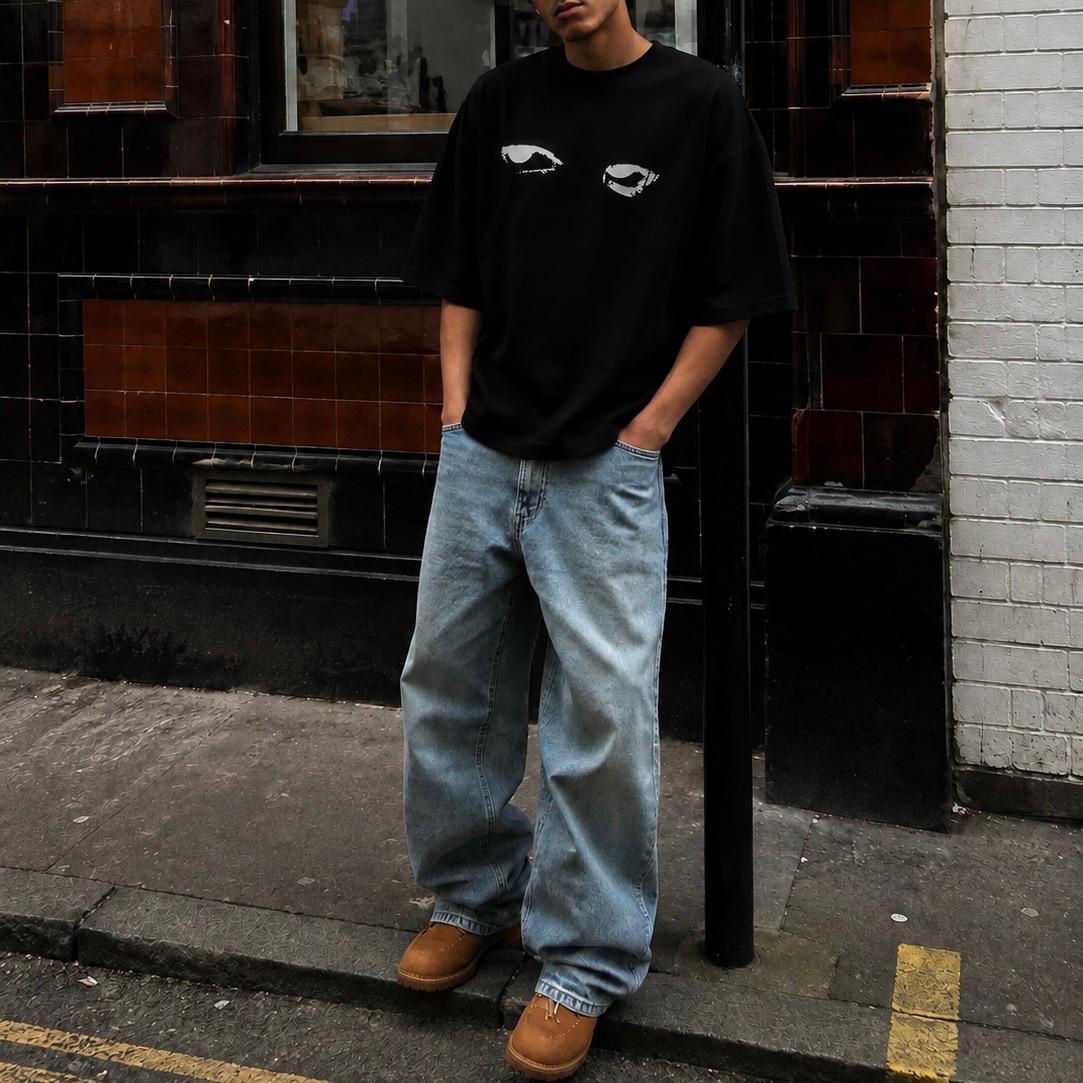 Black 'Watching Eyes' Boxy Tee — Minimal Eyes Graphic T-Shirt