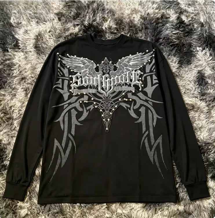 Gothic wing pattern long sleeved T-shirt polyester fiber round neck loose T-shirt street wear casual top unisex