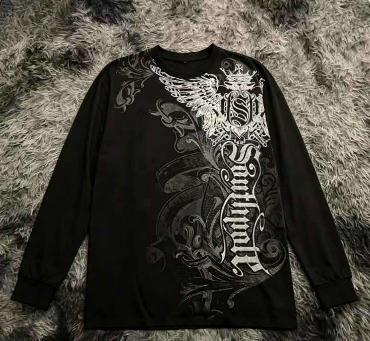Gothic wing pattern long sleeved T-shirt polyester fiber round neck loose T-shirt street wear casual top unisex